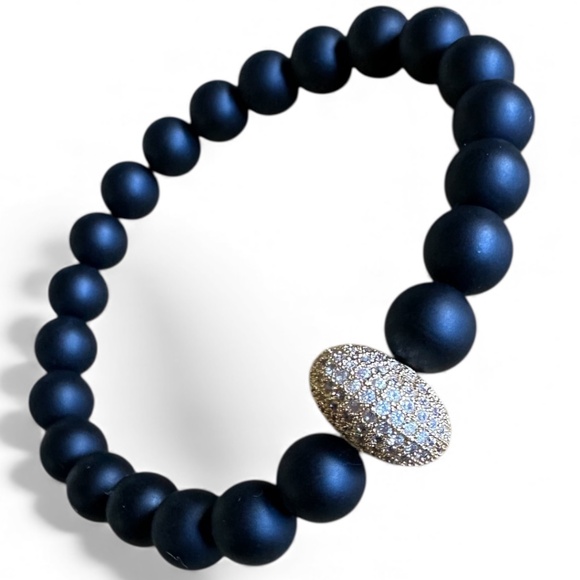 Classic Jewelry - Matte 8mm Onyx Stretch Bracelet w/ Gold Pave Crystal Spacer